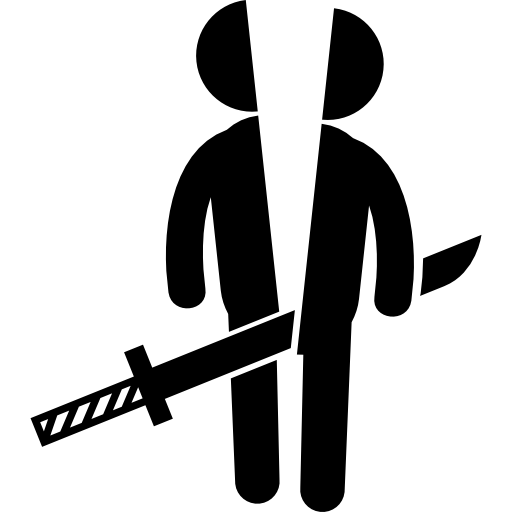 Cutting a person shape in two parts with a sword passing through the middle